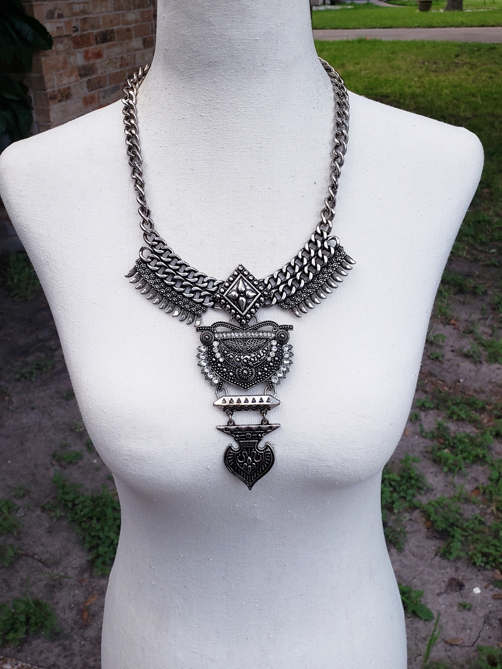 Silver-Tone Ornate Tribal Pendant Necklace